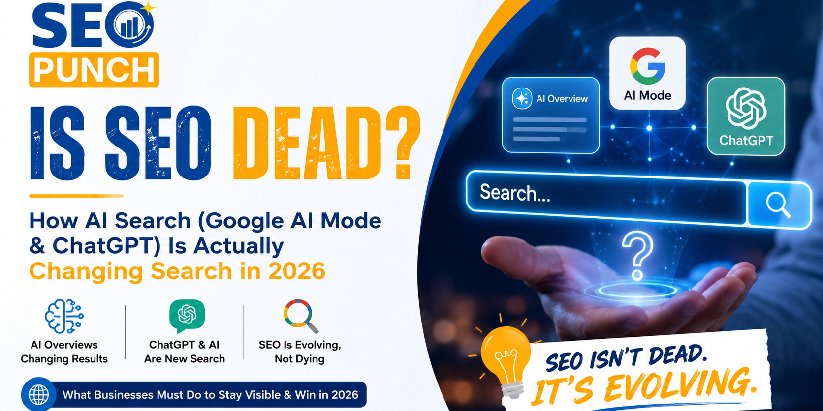 is-seo-dead-ai-search-google-ai-mode-chatgpt-2026 Is SEO Dead in 2026 featured image showing AI Search Google AI Mode ChatGPT AI Overviews and the future of search engine optimization with strategies to improve organic traffic rankings online visibility and business growth
